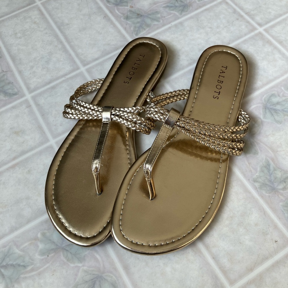 Talbots Gold Braided Thong Flip Flops flat heel